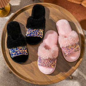 Chaussures de maison d'hiver pour femmes, pantoufles supérieures courtes en peluche moelleuses en fausse fourrure, pantoufles de maison scintillantes