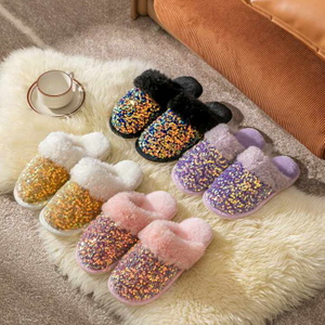 Hiver Paillettes En Peluche Coton Pantoufles Pour Femmes Appartements Nouvelle Plate-Forme De Mode Décontracté Maison En Daim Fourrure Chaud Tongs