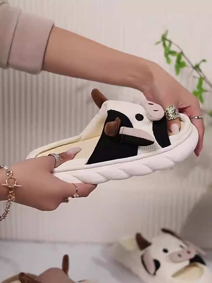 Pantoufles universelles en lin de vache quatre saisons, sandales antid&eacute;rapantes, dessin anim&eacute; mignon