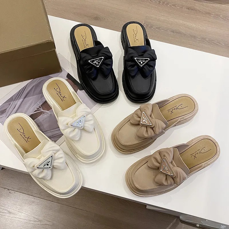 Nouveau Noir blanc mode nœud bouton mocassins femmes chaussures grosses sans lacet printemps &eacute;t&eacute; femme