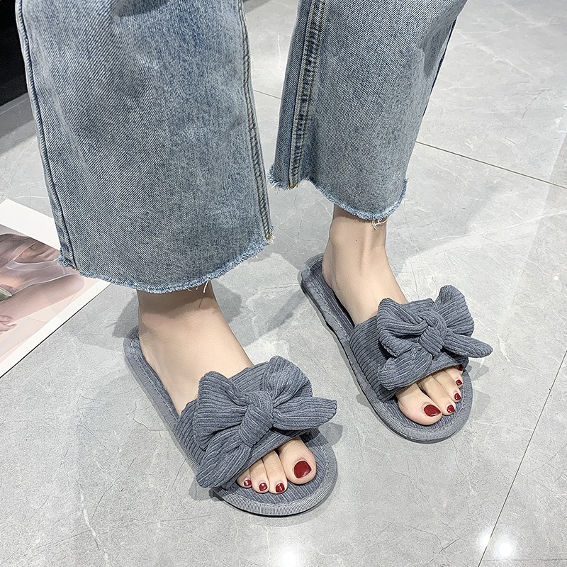 Tongs plates confortables avec nœud pour femmes, pantoufles en tissu pour la maison, vente en gros, printemps et automne