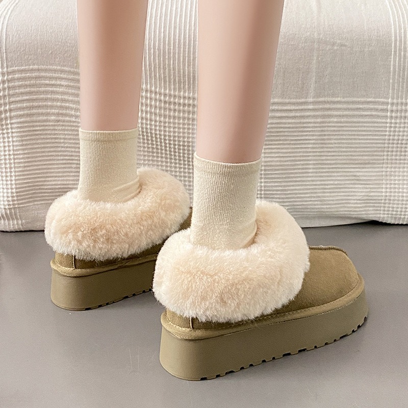 Chaussures chaudes en coton &agrave; fond &eacute;pais pour femmes, bottes de neige antid&eacute;rapantes en peluche, bottes d'hiver en fausse fourrure, toboggans plats, pantoufles en coton pour la maison