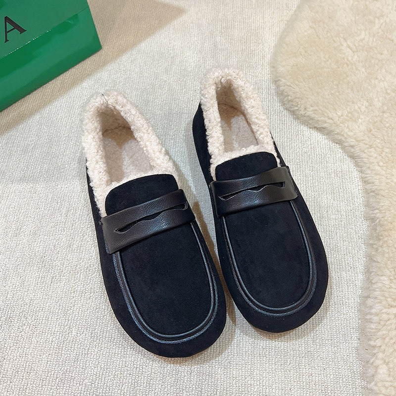 Mocassins courts en peluche pour femmes, chaussures d'hiver, couture d'ext&eacute;rieur, &agrave; enfiler, d&eacute;contract&eacute;es, &agrave; fond antid&eacute;rapant, mocassins plats confortables