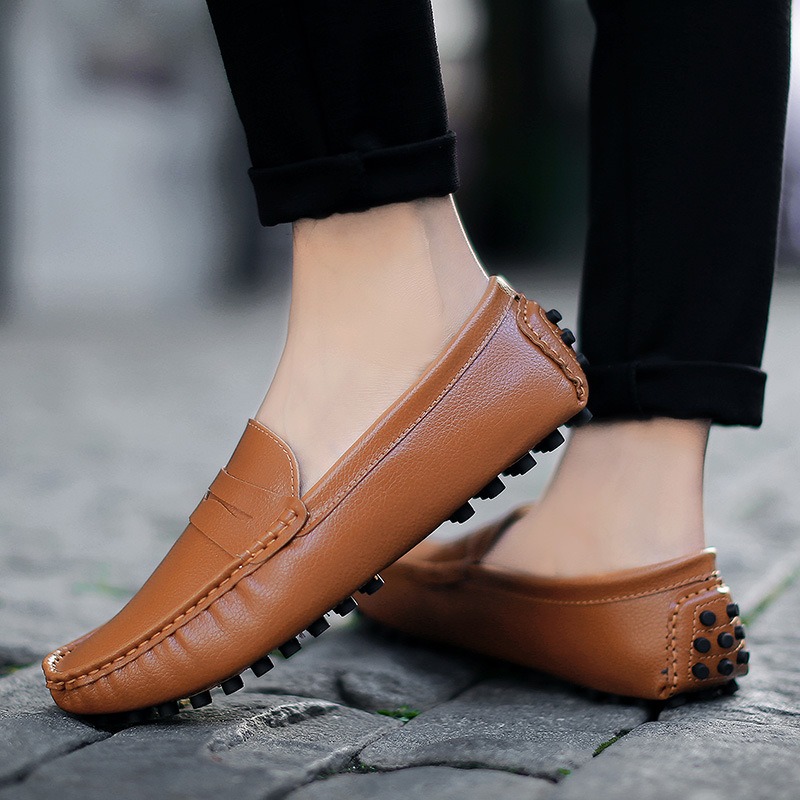 Mocassins en cuir v&eacute;ritable pour hommes, chaussures d&eacute;contract&eacute;es, marque de luxe, mocassins respirants, chaussures de conduite noires &agrave; enfiler