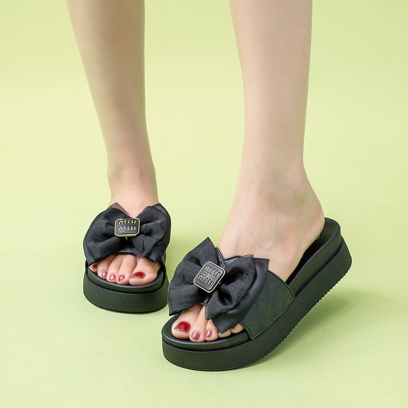 Chaussures d'&eacute;t&eacute; &agrave; semelles compens&eacute;es pour femmes, style boh&egrave;me, pantoufles d'&eacute;t&eacute; avec nœud, grande taille 