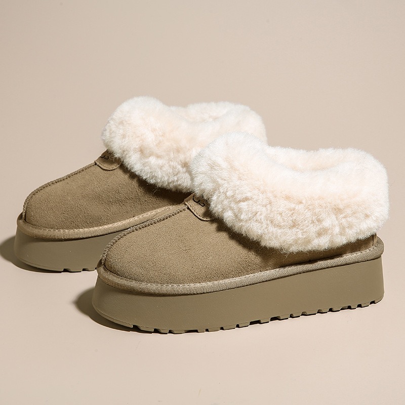 Chaussures chaudes en coton &agrave; fond &eacute;pais pour femmes, bottes de neige antid&eacute;rapantes en peluche, bottes d'hiver en fausse fourrure, toboggans plats, pantoufles en coton pour la maison