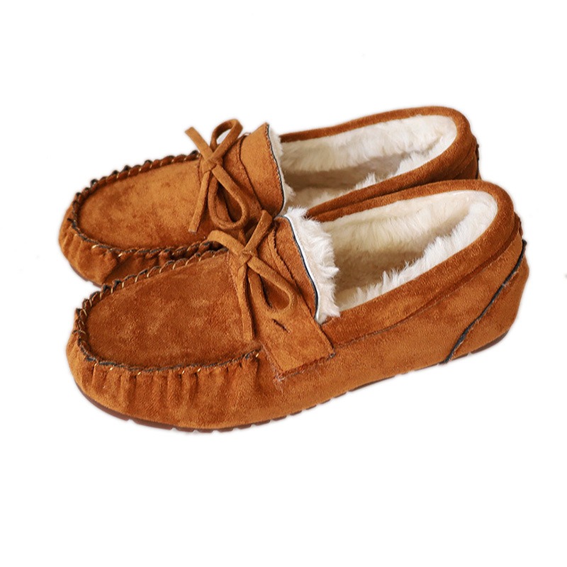 Mocassins souples pour femmes, chaussures plates d&eacute;contract&eacute;es, mocassins &agrave; la mode, confortables et chauds, avec nœud en peluche, chaussures en coton &agrave; enfiler