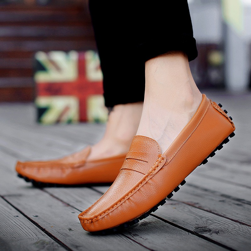 Mocassins en cuir v&eacute;ritable pour hommes, chaussures d&eacute;contract&eacute;es, marque de luxe, mocassins respirants, chaussures de conduite noires &agrave; enfiler