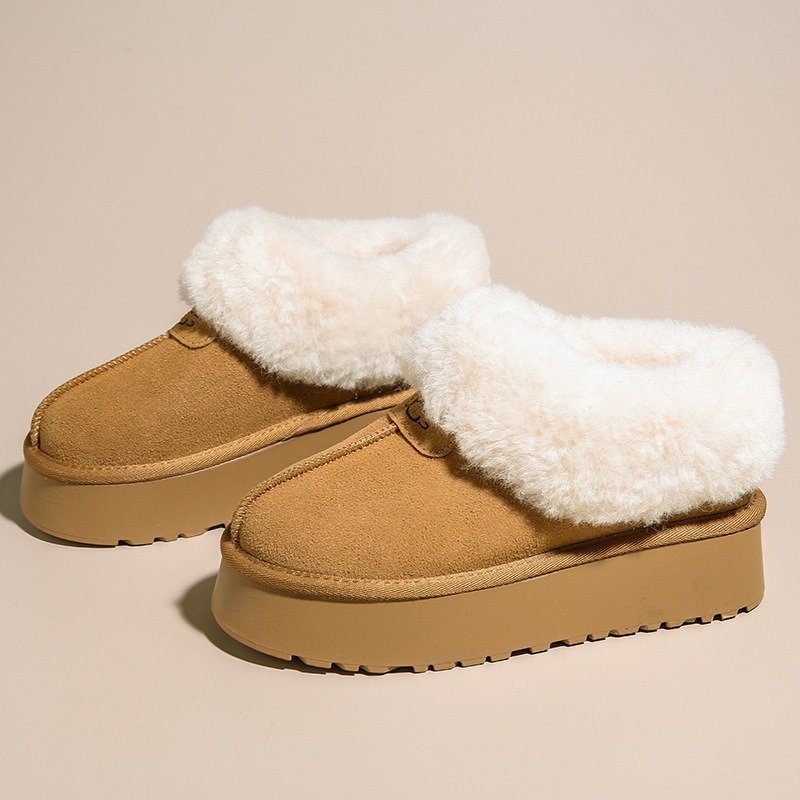 Chaussures chaudes en coton &agrave; fond &eacute;pais pour femmes, bottes de neige antid&eacute;rapantes en peluche, bottes d'hiver en fausse fourrure, toboggans plats, pantoufles en coton pour la maison