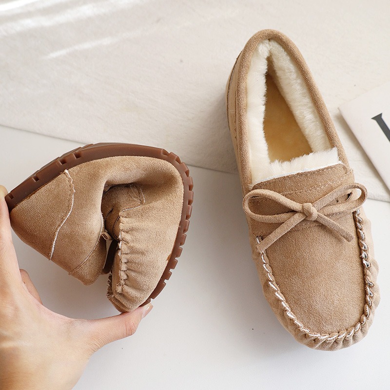 Mocassins souples pour femmes, chaussures plates d&eacute;contract&eacute;es, mocassins &agrave; la mode, confortables et chauds, avec nœud en peluche, chaussures en coton &agrave; enfiler