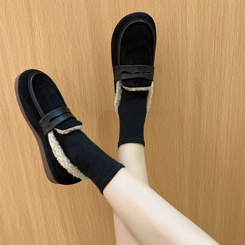 Mocassins courts en peluche pour femmes, chaussures d'hiver, couture d'ext&eacute;rieur, &agrave; enfiler, d&eacute;contract&eacute;es, &agrave; fond antid&eacute;rapant, mocassins plats confortables