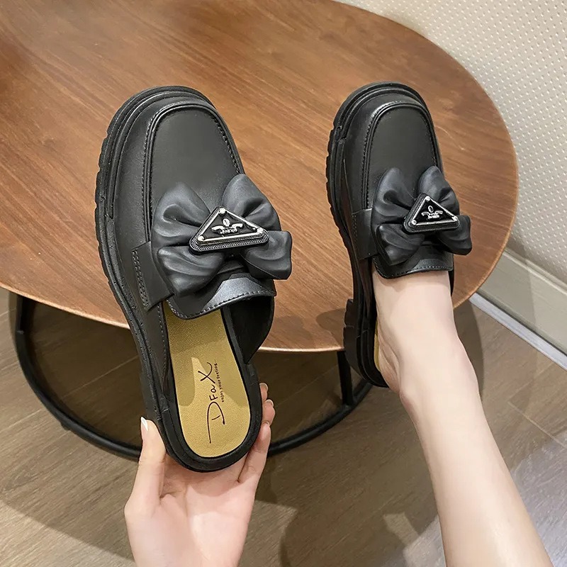 Nouveau Noir blanc mode noeud bouton mocassins femmes chaussures grosses sans lacet printemps &eacute;t&eacute; femme