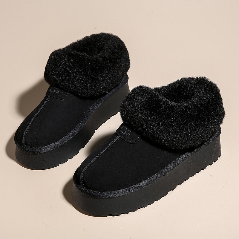 Chaussures chaudes en coton &agrave; fond &eacute;pais pour femmes, bottes de neige antid&eacute;rapantes en peluche, bottes d'hiver en fausse fourrure, toboggans plats, pantoufles en coton pour la maison