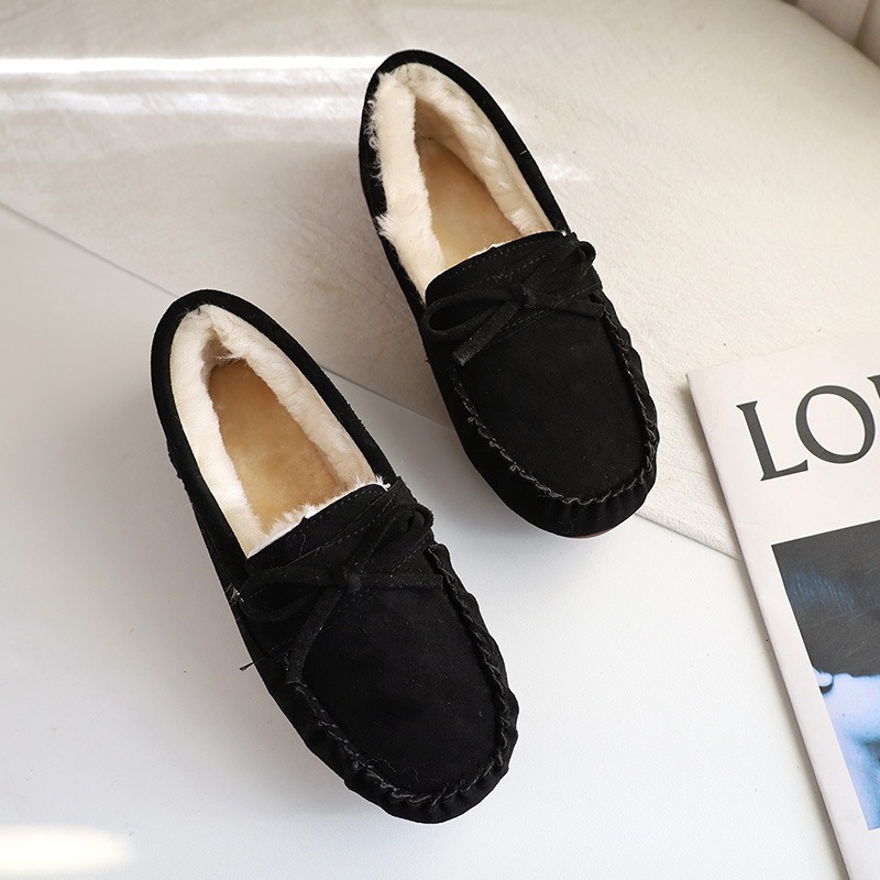 Mocassins souples pour femmes, chaussures plates d&eacute;contract&eacute;es, mocassins &agrave; la mode, confortables et chauds, avec nœud en peluche, chaussures en coton &agrave; enfiler