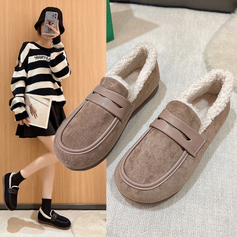 Mocassins courts en peluche pour femmes, chaussures d'hiver, couture d'ext&eacute;rieur, &agrave; enfiler, d&eacute;contract&eacute;es, &agrave; fond antid&eacute;rapant, mocassins plats confortables