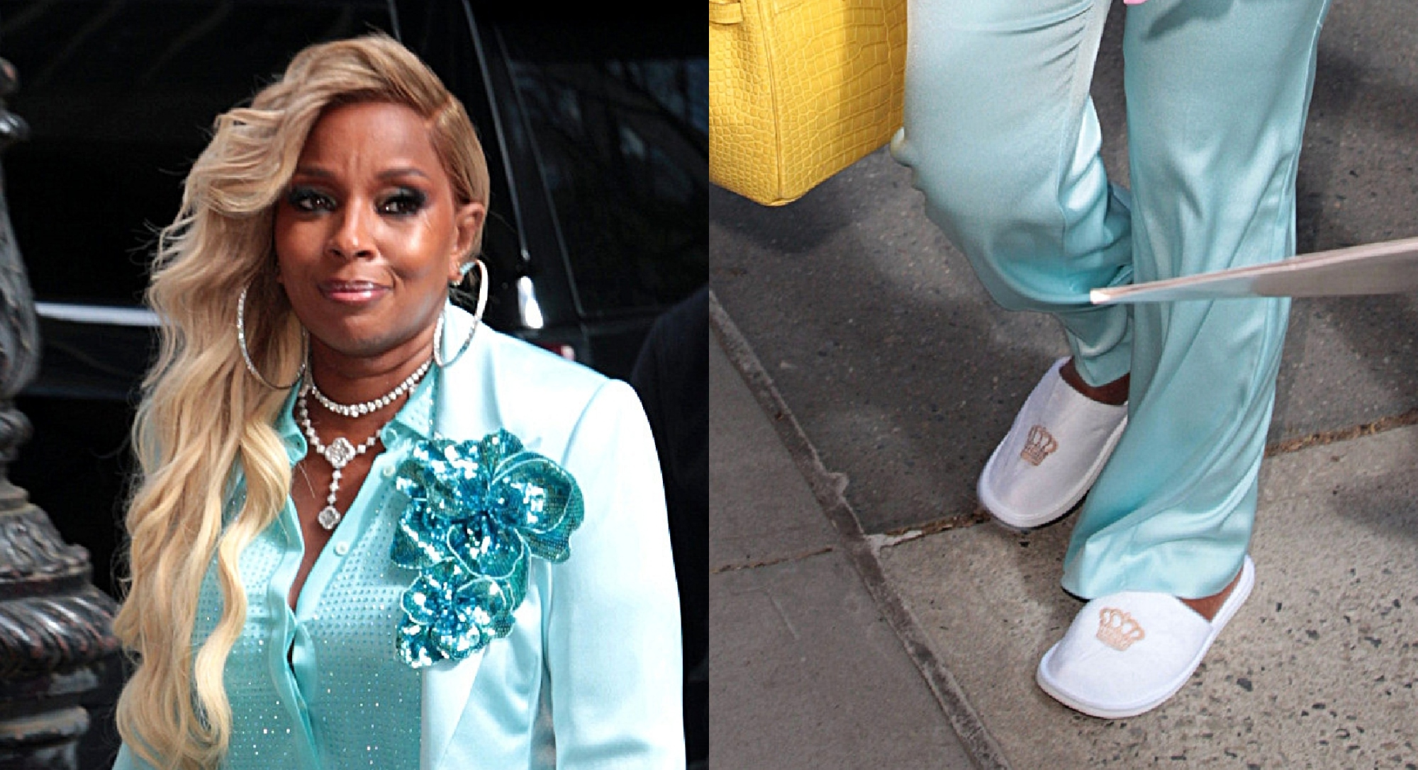 Mary J Blige se détend dans des pantoufles brodées de couronnes avant d'enregistrer le « Tamron Hall Show ». Les chaussures sont souvent vues dans les spas, les hôtels et les espaces verts.