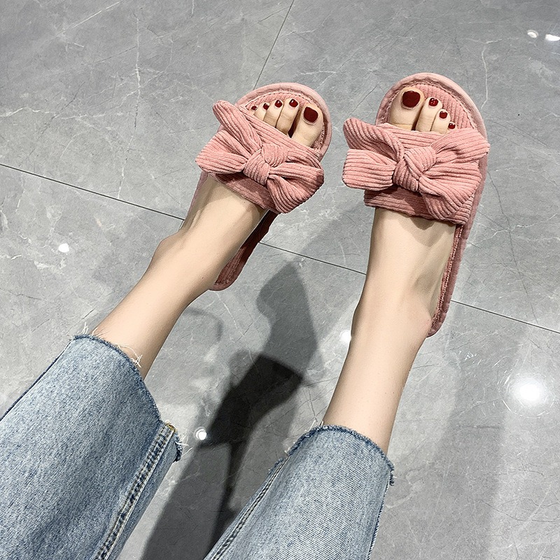 Tongs plates confortables avec nœud pour femmes, pantoufles en tissu pour la maison, vente en gros, printemps et automne