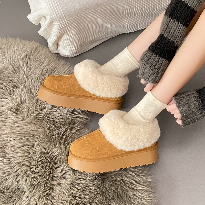 Chaussures chaudes en coton &agrave; fond &eacute;pais pour femmes, bottes de neige antid&eacute;rapantes en peluche, bottes d'hiver en fausse fourrure, toboggans plats, pantoufles en coton pour la maison