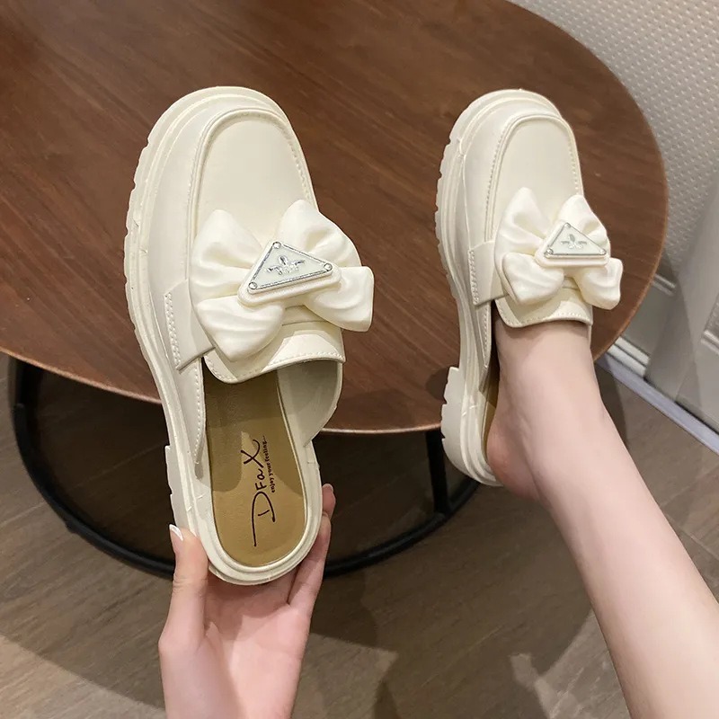 Nouveau Noir blanc mode nœud bouton mocassins femmes chaussures grosses sans lacet printemps &eacute;t&eacute; femme