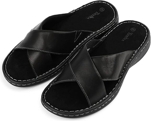 Sandales de robe à coussin doux pour hommes Napa en cuir napa avec mousse à mémoire de semelle confortable et léger Summer plage intérieur et extérieur glisser les chaussures décontractées
